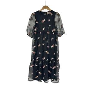 H&M Black Floral Appliqué Mesh Puff Sleeve Midi Dress Fairy Whismigoth Womens XS
